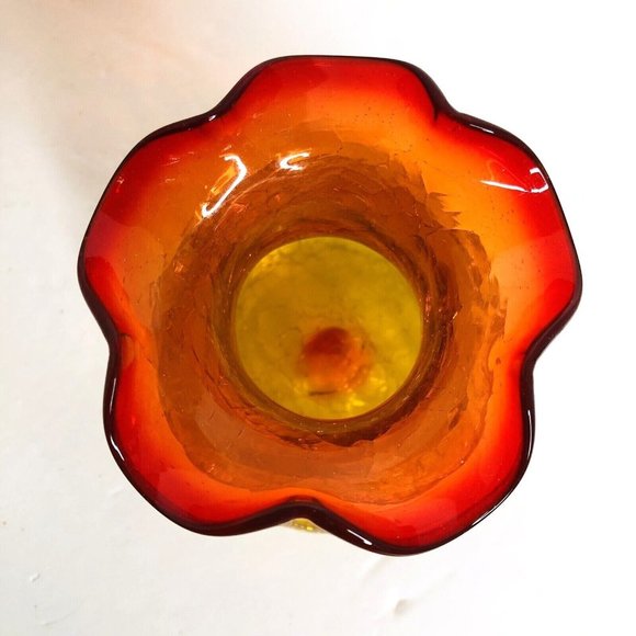 Vintage Hand Blown Rainbow Glass Co.4.5" Crackle Amberina Bud Vase Ruffled Edge - Picture 5 of 8